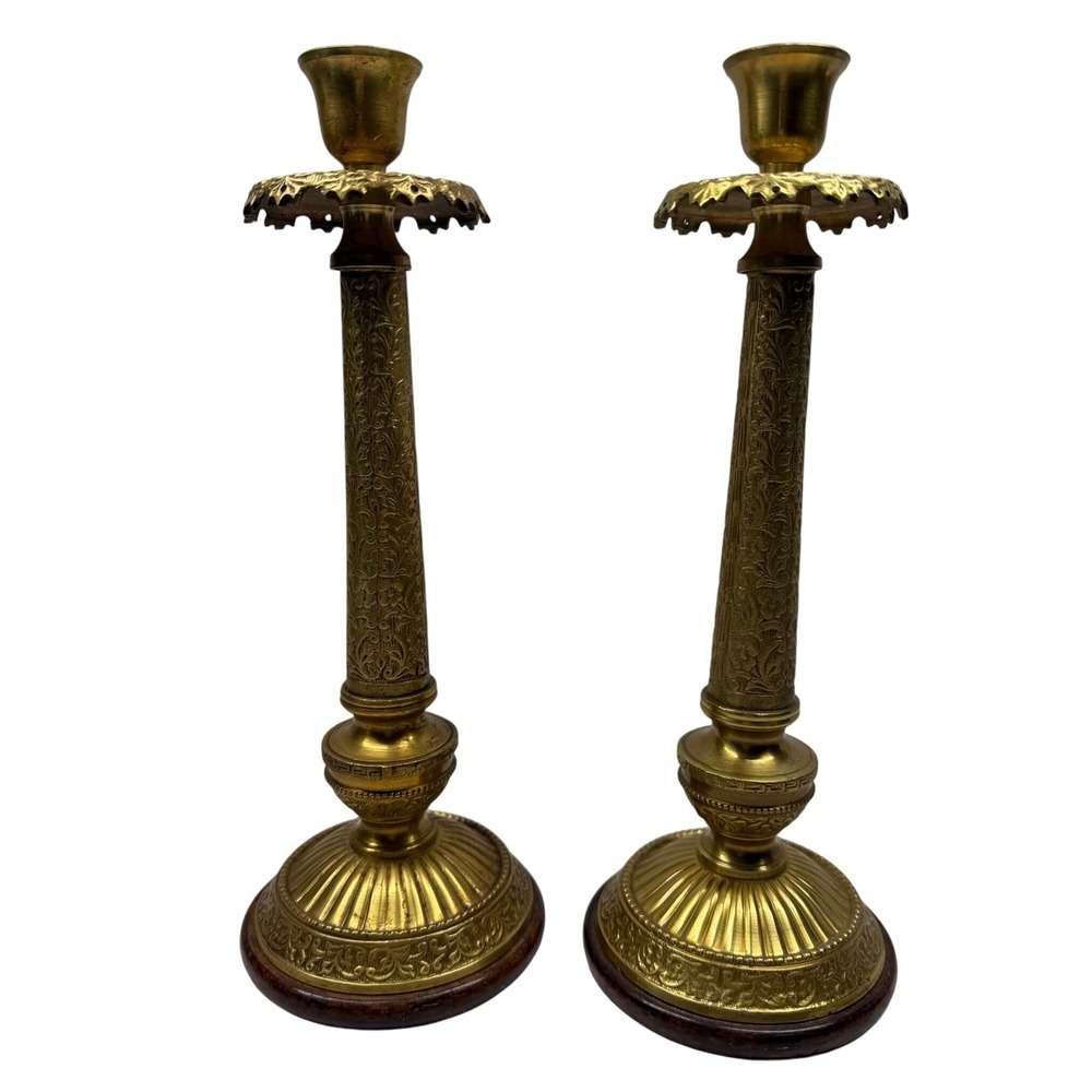 Vintage Ornate Brass Candlesticks Pair Floral Scrollwork Wood Base 11.5 Inch